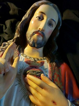 Large Glass Eyes Vintage Sacred Heart Of Jesus Chalkware Statue Wall Plaque