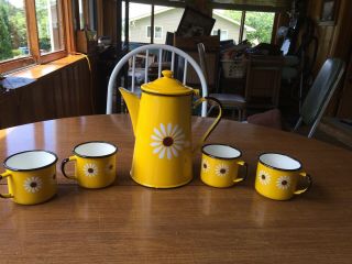 Vintage Enamel Ware Camping Coffee Pot Set Made In Poland