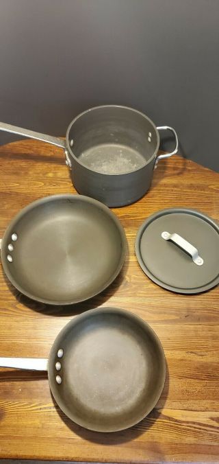 Set Of Commercial Aluminum Cookware Calphalon 1390 1388 8704 Skillet Pan Pot Lid