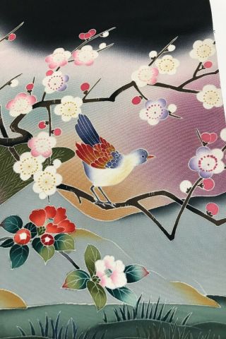 @@vintage/japanese Tomesode Kimono Silk Fabric/ Bird,  Plum Blossom G226