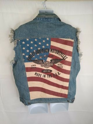 Harley Davidson Denim Vest Mens Blue Usa Flag Graphic Sleeveless Size Large