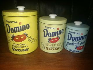Vintage Crystal Domino Sugar Canisters Set Lids Confectioners Brown Pure Cane