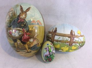 Antique Vtg Paper Mache Tin Germany Easter Egg Candy Containers Toy Hong Kong