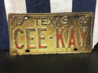 Vintage 1969 Texas Vanity License Plate.  “cee Kay”