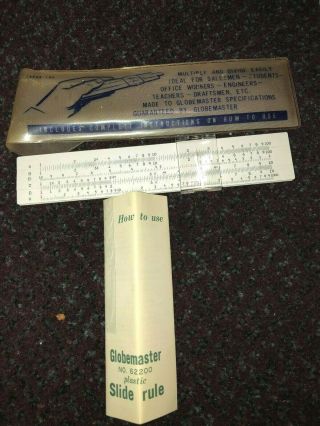 Vintage Globemaster No.  62200 5 " Plastic Slide Rule With Case And Instructions