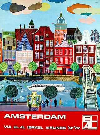 Amsterdam Holland Elal Israel Airlines Vintage Travel Art Poster Print