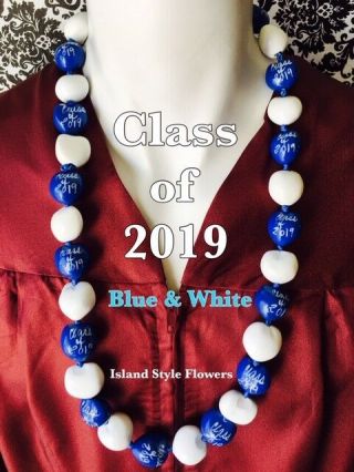 Hawaiian Kukui Nut Lei Class Of 2019 Graduation Lei Necklace Blue White Nwt