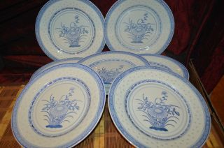 7 Asian Porcelain Blue & White Flower Translucent Rice Eyes 10 " Dinner Plates