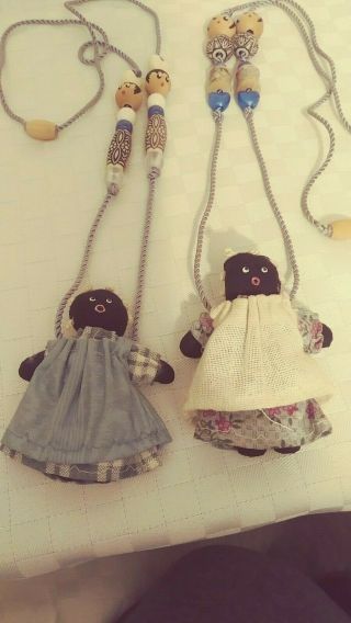 Vintage Handmade Cloth Black Americana Folk Art Doll Necklace - Pin Facial Beads