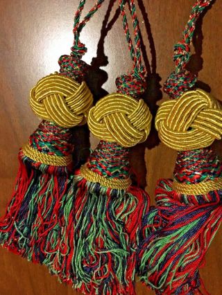 Vintage Mid Century Set Of 3 Christmas Tassels Gold Green Red Silk Polyester