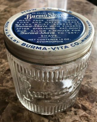 Vintage Burma Shave Shaving Cream Ribbed Glass Jar With Tin Lid - Larger 14oz