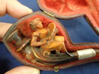 Cased Meerschaum Erotic Pipe/cheroot Holder Lady Of The Night? W Fan Silver Band