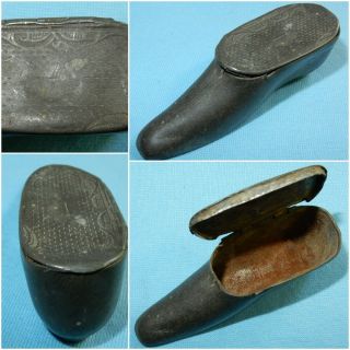 Antique 19th C - Pewter Shoe / Boot - Snuff Box Case - 85 Mm