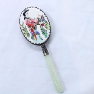 Vintage Chinese Oval Hand Mirror With Light Green Jade Handle 458