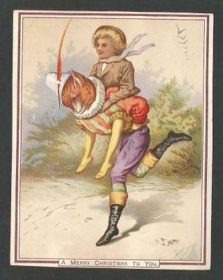 B56 - Anthropomorphic Cat Gives Boy A Piggy - Back Ride - Victorian Xmas Card