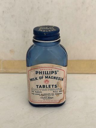 Vintage Drug Store Pharmacy Phillips Milk Of Magnesia Blue Bottle W/pills