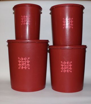 Vtg Tupperware Servalier 4pc Nesting Canister Set W/lids Red Quilt Tulip Storage