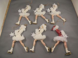 Set Of 6 Kurt Adler Female Ice Skater Wood Christmas Tree Ornaments