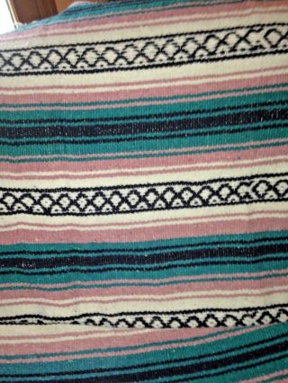 Vtg Hand Woven Mexican Blanket Cotton Blend Pink,  Black.  Turquoise & White