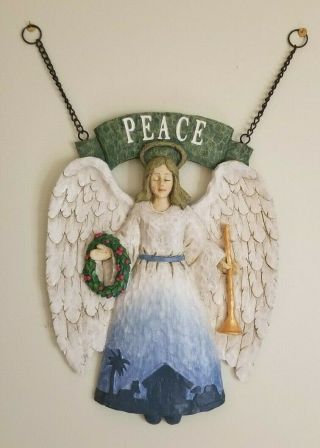 Hand Carved Xmas Decor Angel Wall Plaque Hanging Lg " Peace " 14 1/2 " X 11 1/2 " 3d