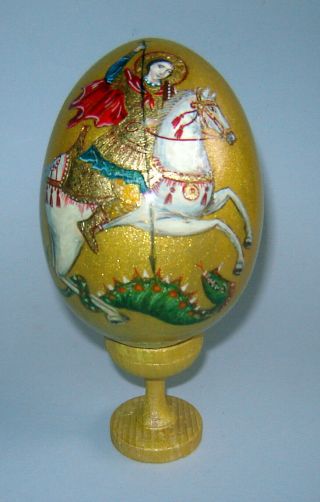 Hand Painted Signed Wooden Big Easter Egg Icon Saint George And The Dragon