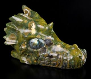 5.  4 " Rainforest Jasper Carved Crystal Dragon Skull,  Labradorite Eyes