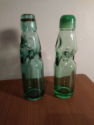 Two Vintage Antique Codd Neck Aqua & Green Glass Bottles Marble Inside - L@@k
