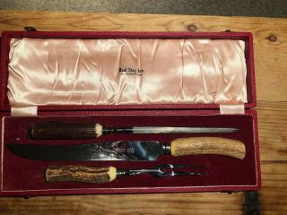 Vintage Lewis Rose Co Sheffield Stag Handled 3 Piece Knife Carving Set