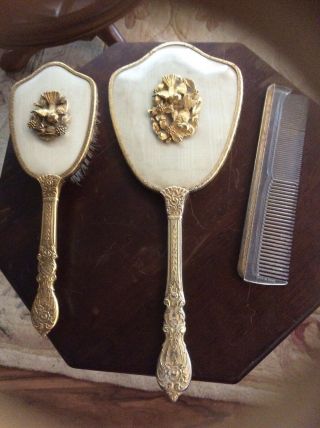Vntg 3 Piece Dresser Vanity Set Ornate Birds & Flowers Hand Mirror Brush Comb