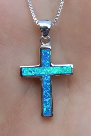 Shiny Opal & Silver Cross Pendant Necklace,  Holy Land Jerusalem Catholic Charm