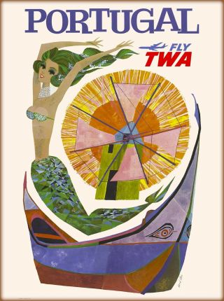 Portugal Fly Twa Mermaid Portugese Vintage Airline Travel Advertisement Poster