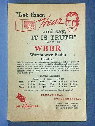 C1930 Watchtower Handbill.  Radio Broadcast Schedules.  Wbbr Station