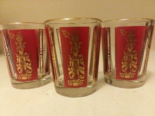 Mid Century Red And Gold Culver Thai Dancer Set Of 3 Shot Glasses