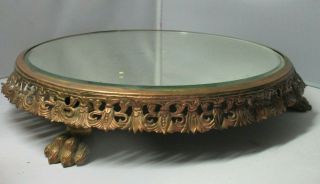 Antique Round Brass Vanity Mirror Tray With Paw Feet