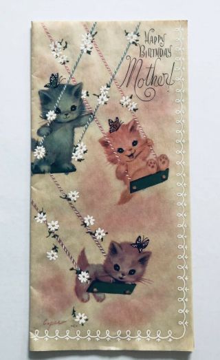 Vintage Rust Craft Birthday Card Marjorie Cooper Pink Kitty Cat Butterfly Swing