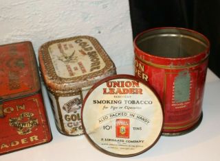ANTIQUE UNION LEADER,  GOLD SHORE Tin Litho Tobacco Cans EAGLE SMOKING 4