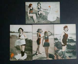 Mack Sennett Girls " Bathing Beautys " Colorized1920s Arcade/exhibit Rare 4 Card