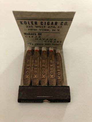 Vintage Feature Matchbook Koler Cigar Co.  York City,  Missing 2 Matches