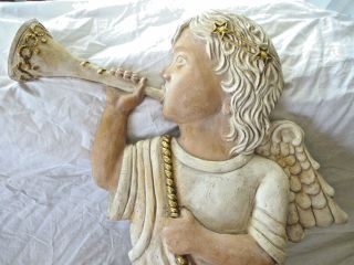 Vtg 3d Plaster Angel Christmas Nativity Figure Blowing Horn Proclamation Angel