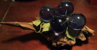 Vintage Blue Acrylic Lucite Grape Cluster On Burl Wood Mid Century Modern Decor