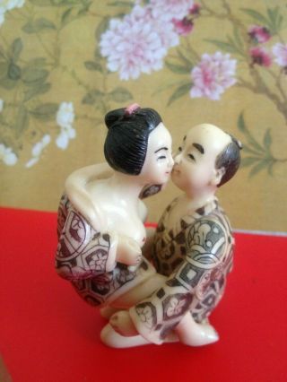 Asian Oriental Japan Shunga Geisha Samurai Netsuke Okimono Figure Doll Set
