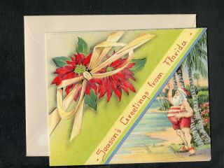 G216 Vintage Christmas Greeting Card Circa 1940s 4.  5x5.  5 Florida
