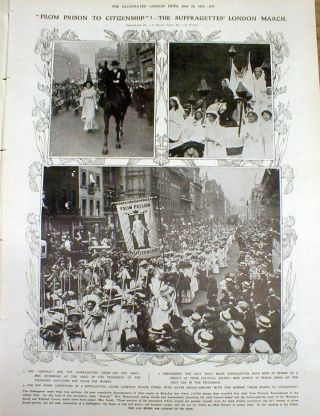 1910 Illustrated Newspaper Wth Suffragette March For Women 