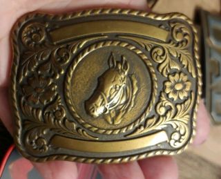 Vtg Belt Buckle Brass Horse Head & Western Floral Carving Cowboy Rodeo Usa Ga