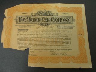 1922 Fox Motor Car Company Certificate Unusual Very Rare Poor