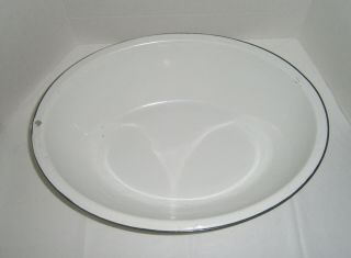 Vintage Porcelain Enamel Baby Bath Tub Wash Basin Large Oval White Black Edge 2