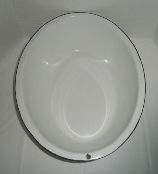 Vintage Porcelain Enamel Baby Bath Tub Wash Basin Large Oval White Black Edge 7
