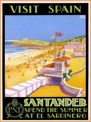 Visit Santander Spain El Sardinero Vintage Spanish Travel Advertisement Poster