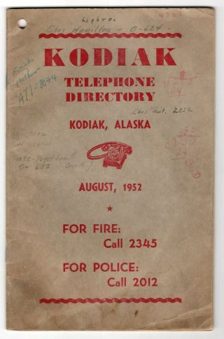Early 1950s Vintage Telephone Directory Book: Kodiak,  Alaska - August 1952