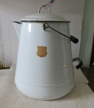 Vintage Enamel X Large Kettle Campfire Cowboy Coffee Pot W Lid 10 - 1/2 " Deep
